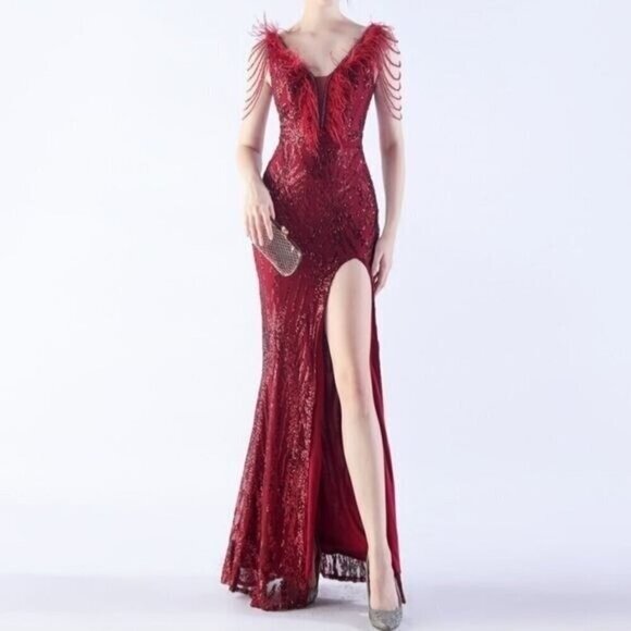 Red, Geo Print, Ostrich Feather V Neck, Beaded Sleeves, Sequined Mermaid Gown - Picture 8 of 14